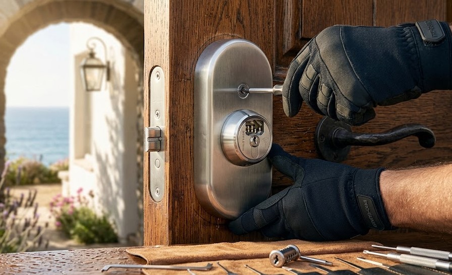 Técnico instalando cerradura de alta seguridad en una puerta de madera en Tossa de Mar