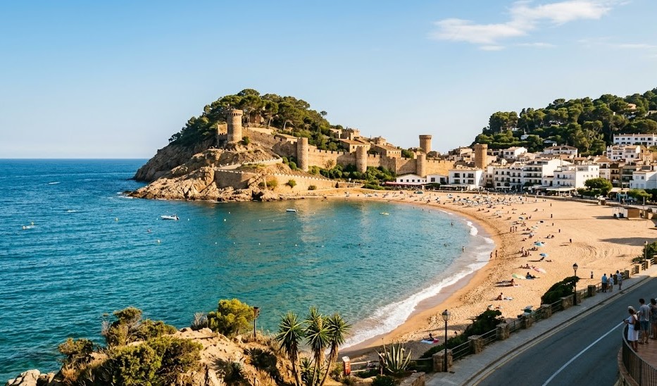 Vista espectacular de la bahía y las murallas de la Vila Vella de Tossa de Mar, Costa Brava